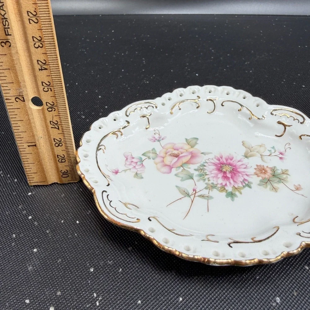 Aquincum Budapest Porcelain Trinket Dish Floral Gold Gilt Reticulated 5 Inch
